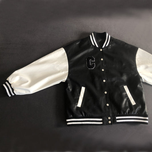Women Loose Faux Leather Varsity Jacket Single Breasted Embroidered Hip Hop Fashionable Casual Leather Jacket Fashionable Coat