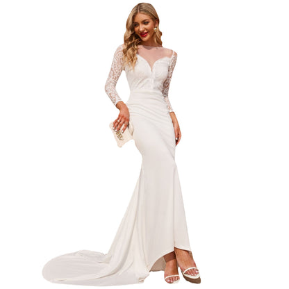 V Collar Slim-Fit off-Neck Deep V Plunge Plunge Long Tail Formal Dress Hollow Out Cutout Retro White Evening Dress