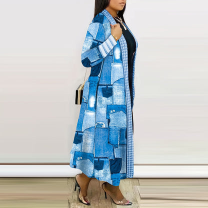 Casual Women Wear Imitation Denim Printed Long Trench Coat Cardigan Coat