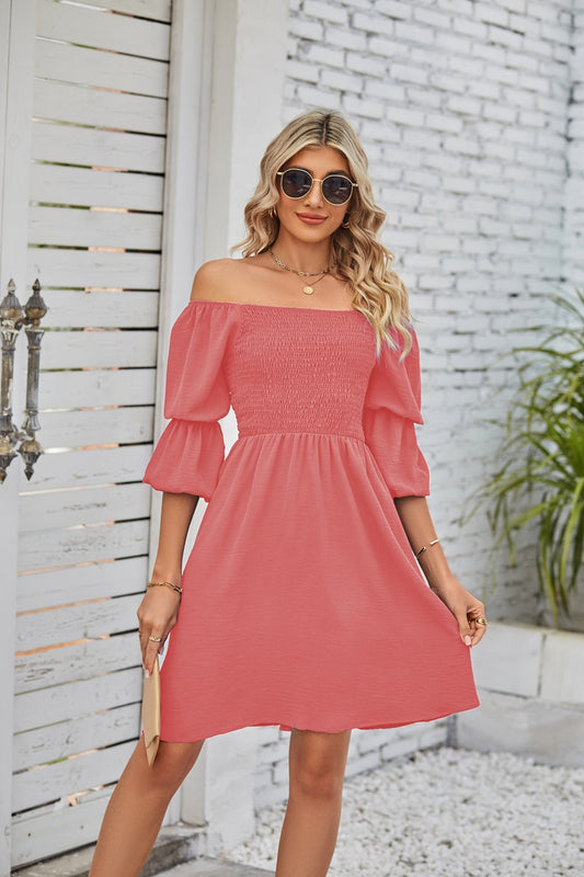 Summer Women Clothing Square Collar Puff Sleeve Pleating Backless Dress Women