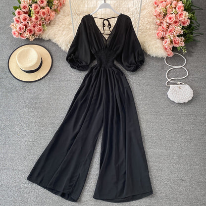 Socialite Elegant V neck Straight Leg Wide Leg Light Luxury Backless Mopping Casual Summer Jumpsuit