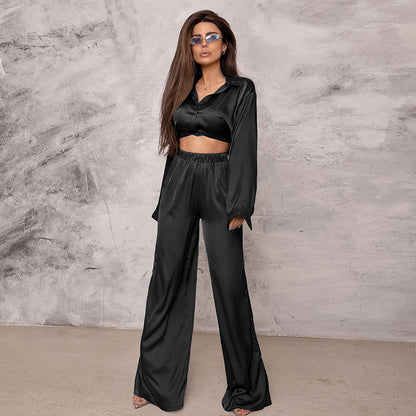 Spring Solid Color Pajamas Outfit Top Trousers Loose Casual Simple Outerwear Women