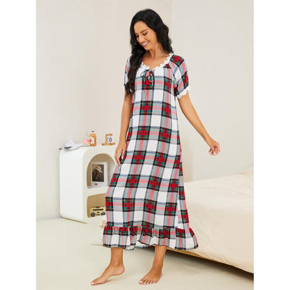 Spring Autumn Plaid Short-Sleeved Nightdress Women  Wear outside One Piece Homewear Clothing Night Dress