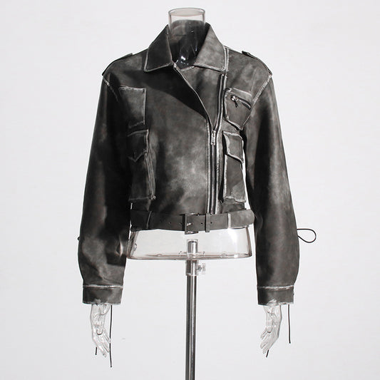 Niche Design Women  Short Distressed Washed Leather Coat Asymmetric Zipper Tooling Coat for Women
