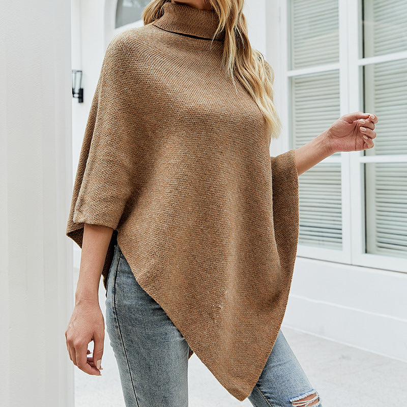 Autumn Winter  Shawl Cape  Solid Color Turtleneck   Women Sweater