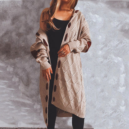 Autumn Winter Thick Fleece Leather Stitching Knitted Long Hooded Sweater Cardigan Coat Women