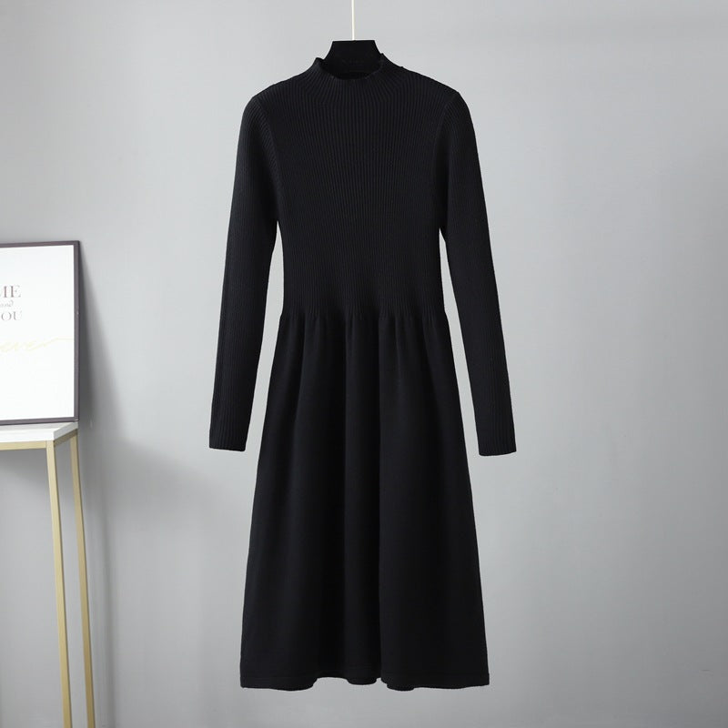 Half Turtleneck Knitted Dress Autumn Winter Long Sleeve Waist Controlled Base Slim Black Woolen  Women
