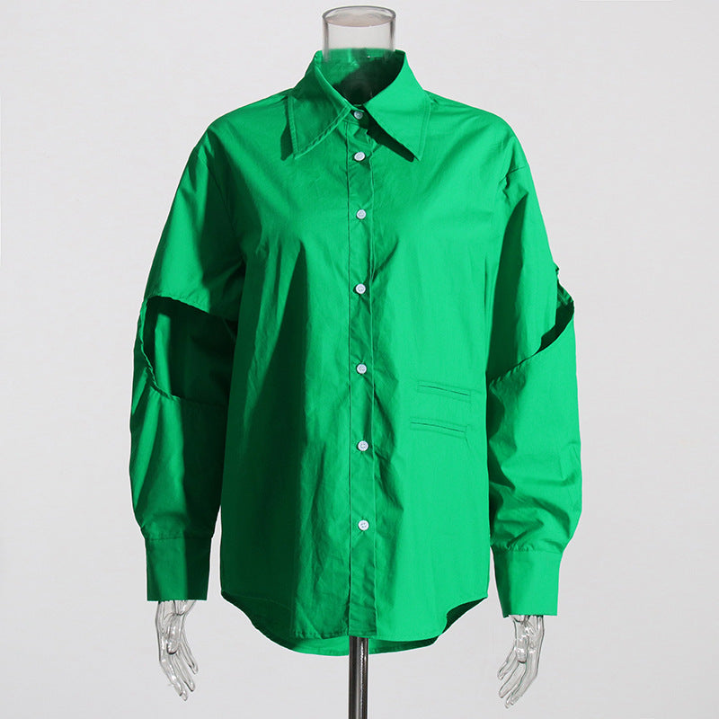 Green Fresh Loose Casual Shirt Autumn Polo Collar Long Sleeve Hollow Out Cutout out Removable Two Piece Vest Set