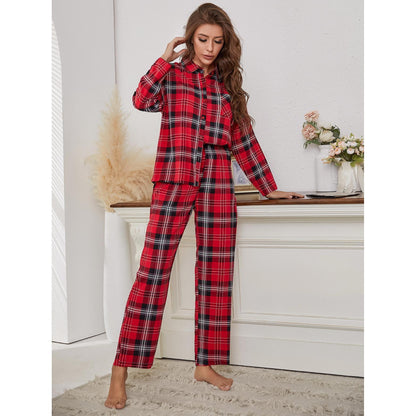 Pajamas Women Red Plaid Long Sleeve Autumn Winter Homewear Two Piece Set