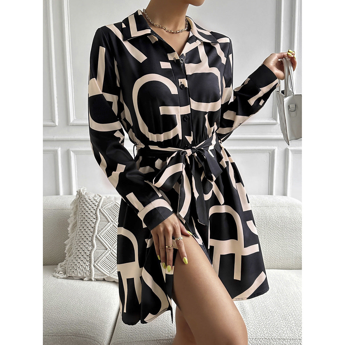 Dress Women Spring Summer Office Contrast Color Long Sleeves