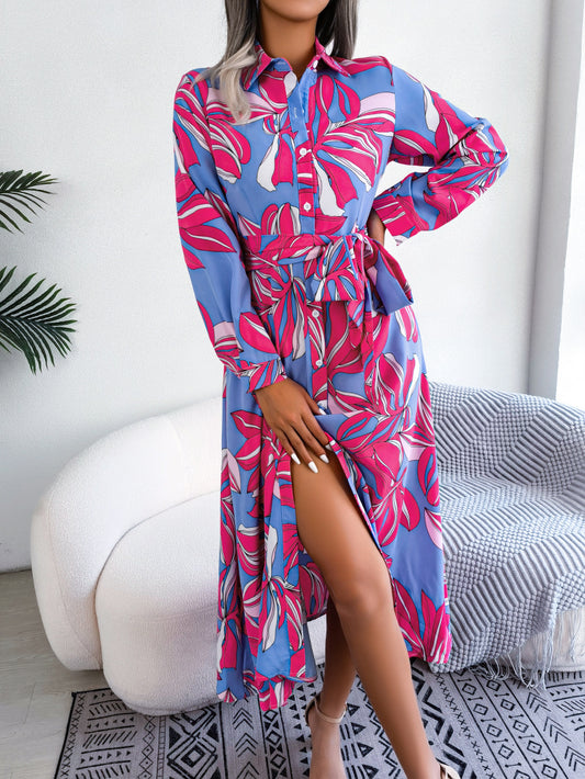 Spring Summer Contrast Color Floral Collared Tied Shirt Dress Maxi Dress Women Clothing
