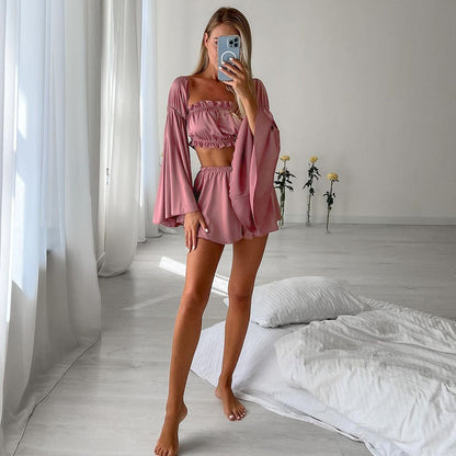 Sexy Artificial Silk Bell Sleeve Pajamas Two Piece Set Long Sleeve Shorts Ladies Homewear