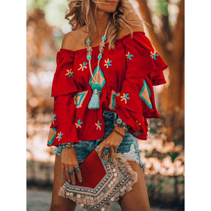 Women  Clothing Bohemian Long Sleeved Shirt Women Autumn Red Casual Women Top