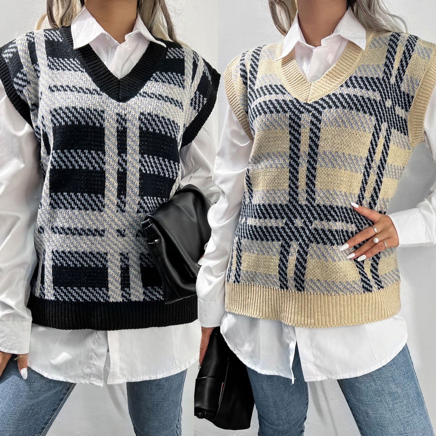 Women  Clothing Autumn Winter Knitted Vest Casual Plaid Sweater