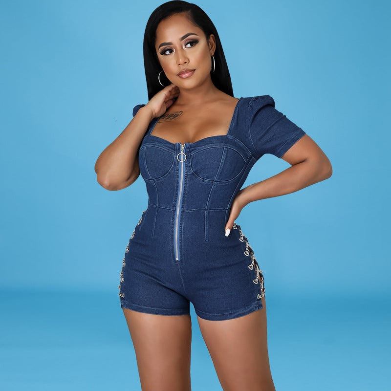 Women Clothing Autumn Front Zipper Backless sexy Denim Romper