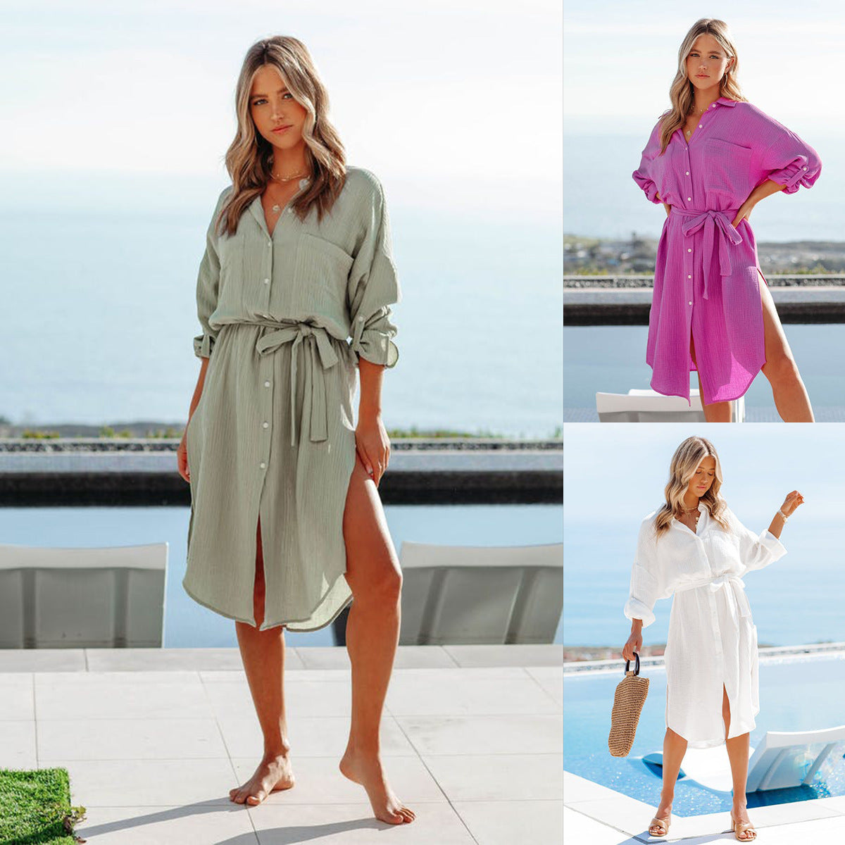 Solid Color Long Sleeve Shirt Dress Sun Protection Clothing for Women