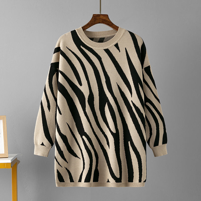 Autumn Winter Zebra Print Knitted Pullover Sweater Round Neck Sweater