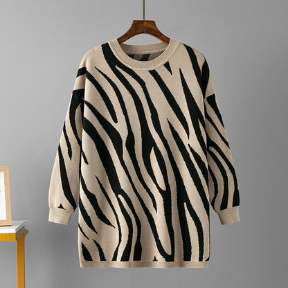 Autumn Winter Zebra Print Knitted Pullover Sweater Round Neck Sweater