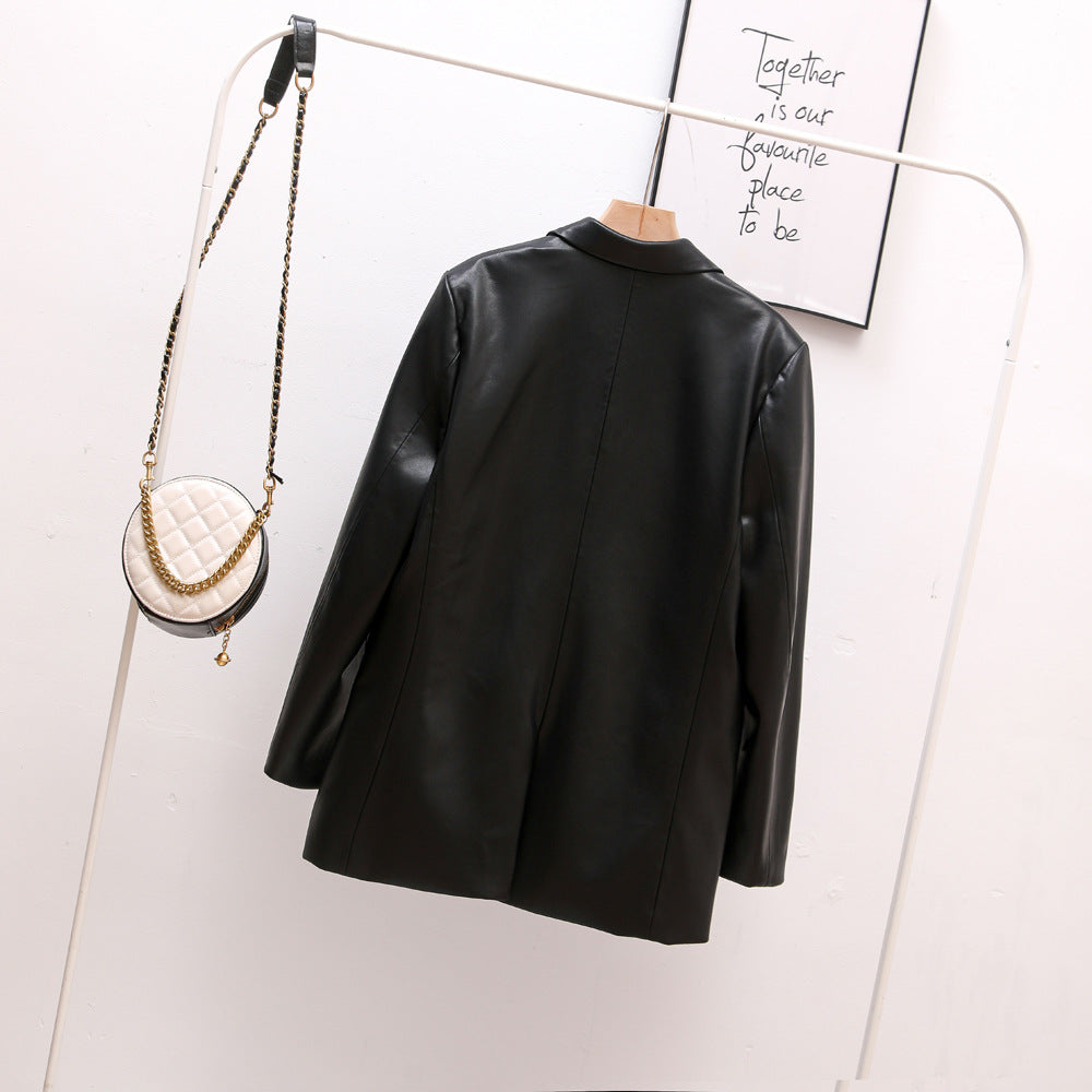 Autumn Faux Leather Profile Blazer Women Korean Faux Leather Loose Leather Jacket Retro Large Design Top