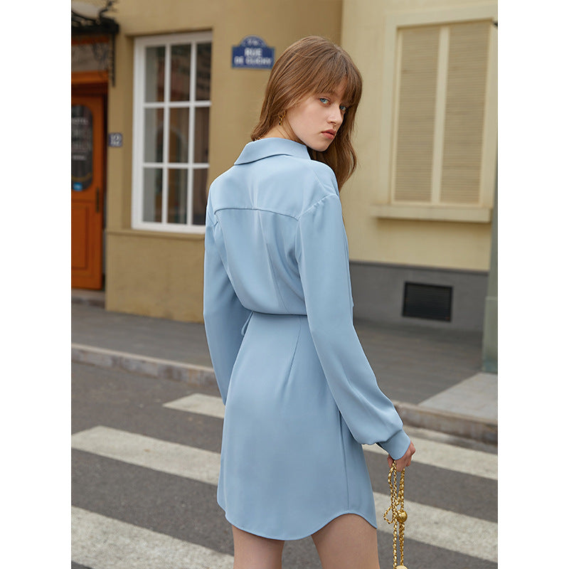 Women Spring Fall Office French V neck Shirt Dress High