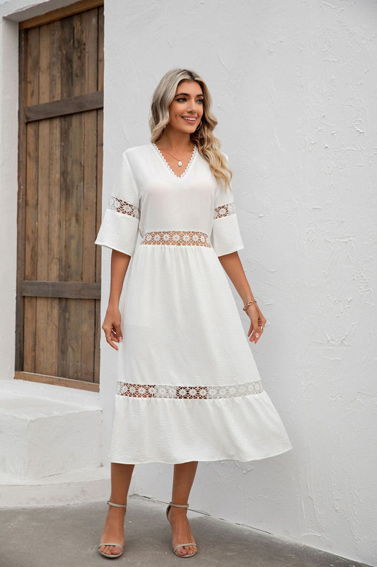 Solid Color V Neck Hollow Out Cutout Lace Stitching Half Sleeves Loose Dress