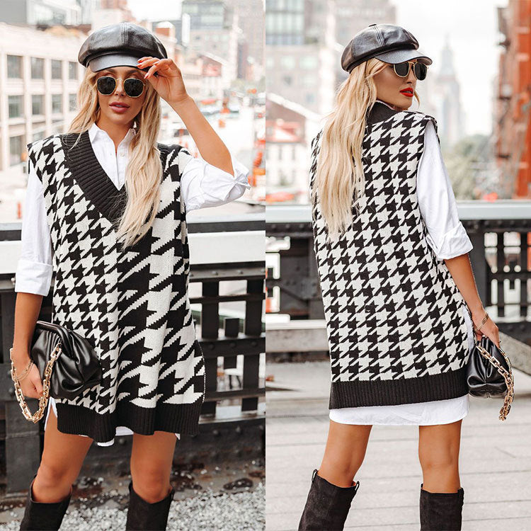 Autumn Winter New  Houndstooth V-neck Loose Sweater  Ladies Vest Vest