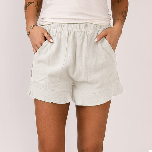 Solid Color Loose Pockets Casual Pants Summer Ruffled Hem Short Shorts Women