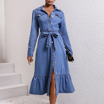 Retro Waist Controlled Slimming Long Sleeve Denim Dress Women