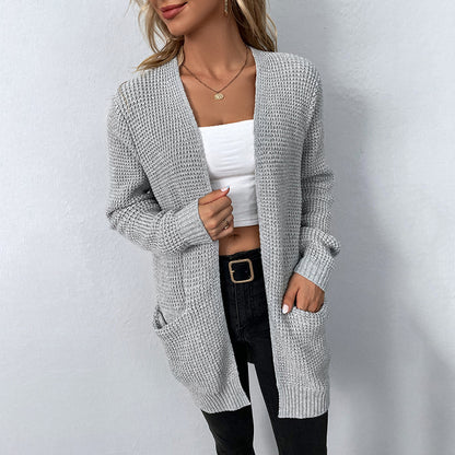 Autumn Winter Women Knitted Sweater Solid Color Pocket Sweater Women Cardigan Coat