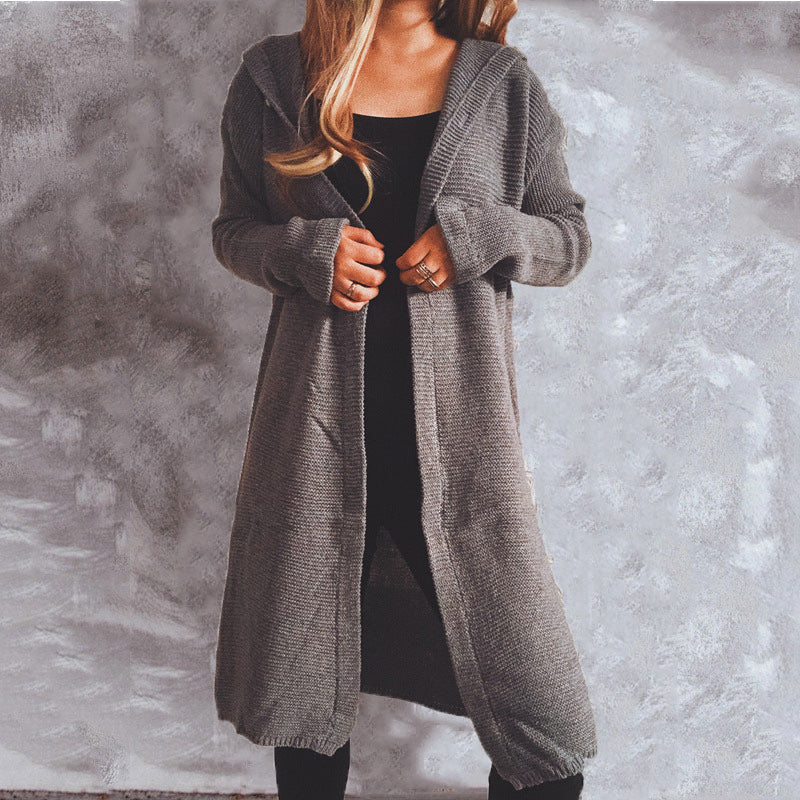 Autumn Winter Casual Minimalist Long Sleeve Button Hooded Sweater Cardigan Coat Women