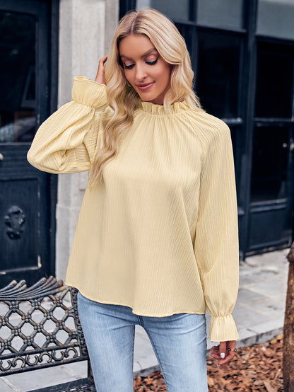Autumn Winter Women Clothing Casual Solid Color Ruffle Sleeve Slim Fit Trendy Tops Women
