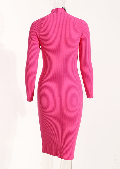 Design Sexy  Cutout Twisted Knitted Dress Autumn Half Turtleneck Slim Fit Slimming Long Sleeves Dress