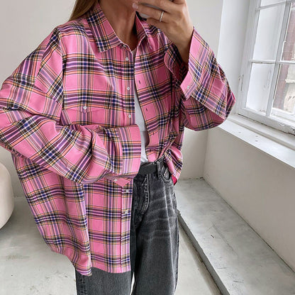 Retro Classic Plaid Shirt Pink Plaid Top   Collared Loose Shirt