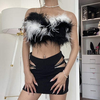 Autumn Women Sexy Off Shoulder Zipper Furry Tube Top Vest