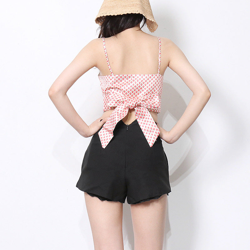 Retro Polka Dot Small Sling Summer Red Satin Back Bow Bandage Short Vest