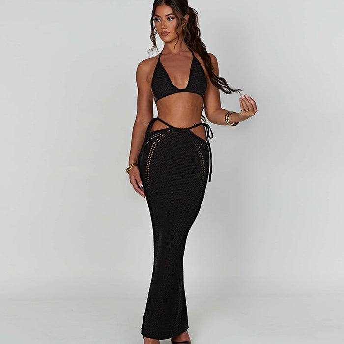 Sexy Street Wrapped Chest Hollow Out Cutout out Stitching Self Tie Skirt Set