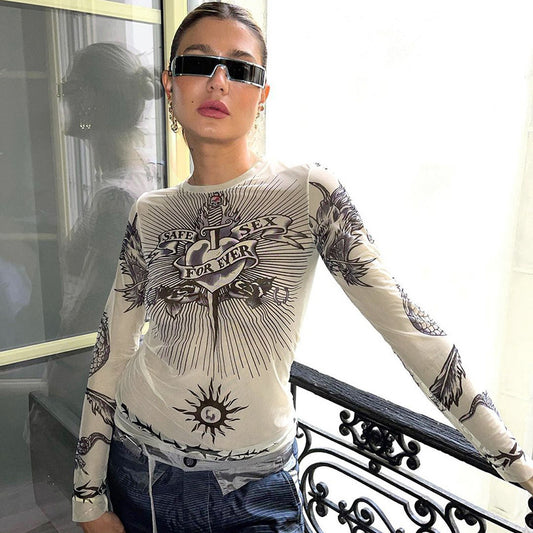 Autumn round Neck Long Sleeve Pullover Print Micro Transparent Casual Women Top