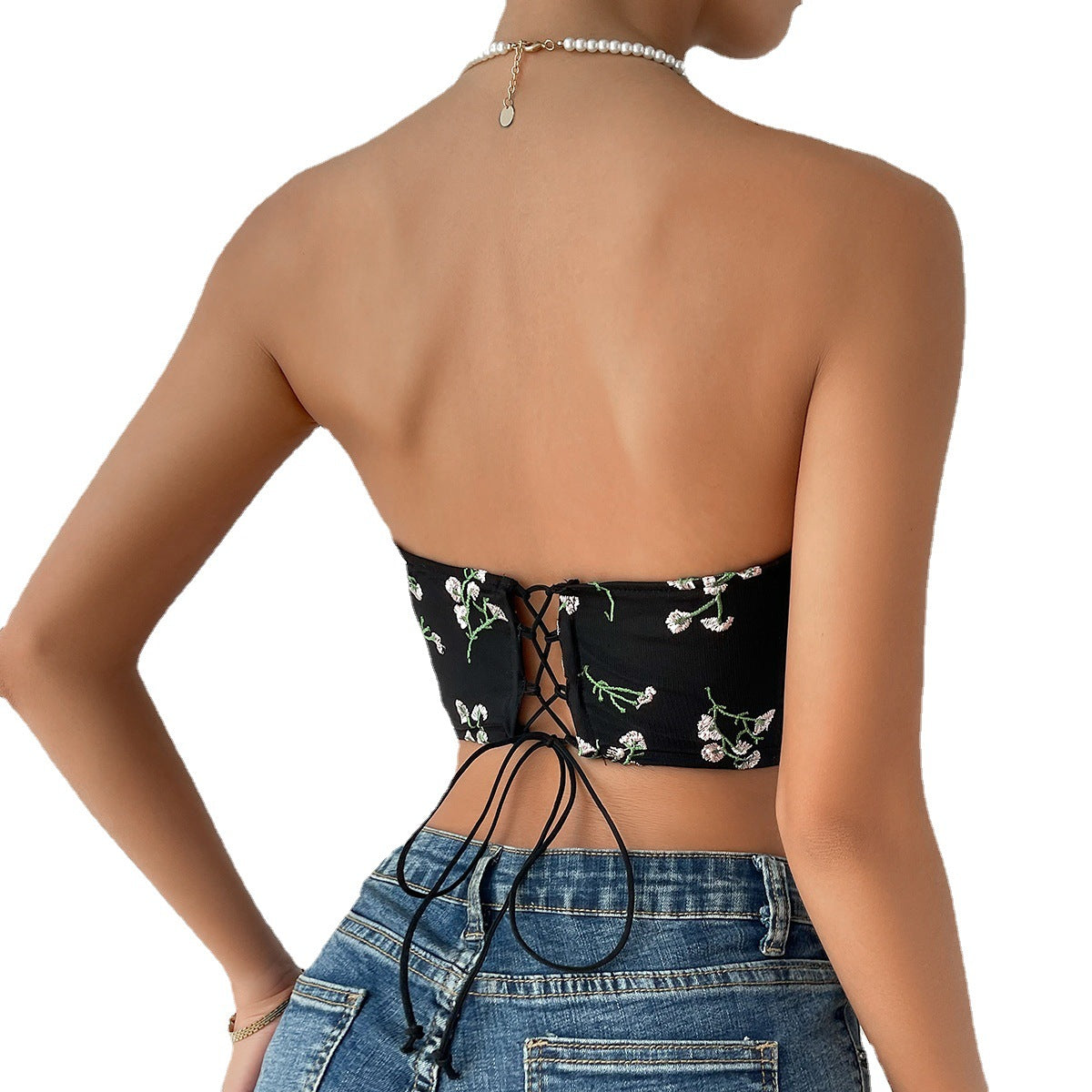 Sexy Lace Embroidery Floral Bow Tie Lace-up Tube Top Boning Corset Vest