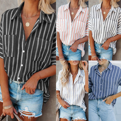 Summer Striped Collared Short-Sleeved Cardigan Single-Breasted Casual Shirt Women