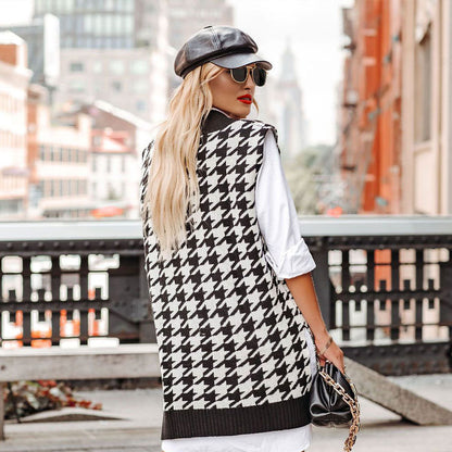 Autumn Winter New  Houndstooth V-neck Loose Sweater  Ladies Vest Vest