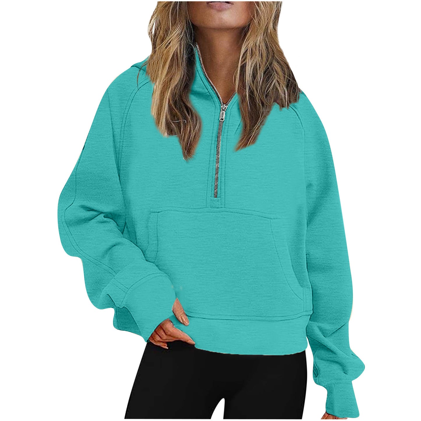 Autumn Winter Women  Scuba Sports Half Zipper Yoga Clothes Loose Short Hood Fleece Lined Sweater Sweater