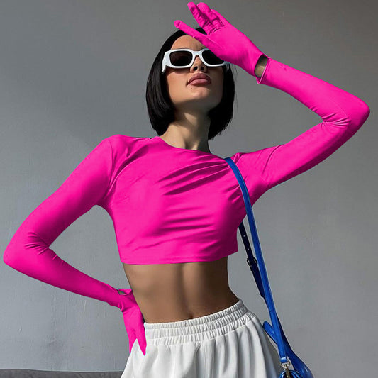 Women Clothing Summer Solid Color Slim Fit Cropped round Neck Long Sleeve Gloves T shirt Top