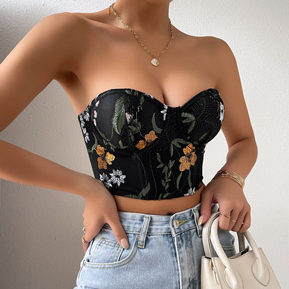 Women Clothing Sexy Low Cut Cropped Embroidery Short Top Chest Cotton Steel Ring Vest Women