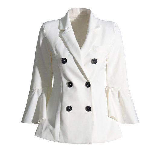 Office Coat Autumn Tailored Collar Double Breasted Bell Sleeve Slim Fit Small Business Women