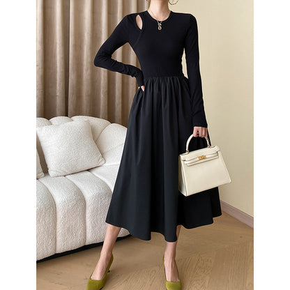 Sinan Striped Hollow Out Cutout Design Early Autumn French High Grade Slim Looking Base Dress