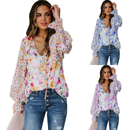 Chiffon Shirt Cardigan Spring Summer Loose Floral Pattern Lantern Sleeve Top for Women