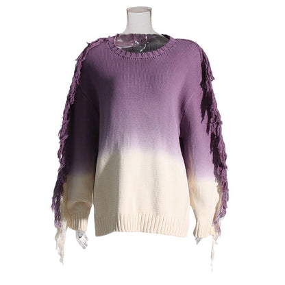Korean Casual Women  Sweater Idle Design Brushed round Neck Pullover plus Size Gradient Color Sweater