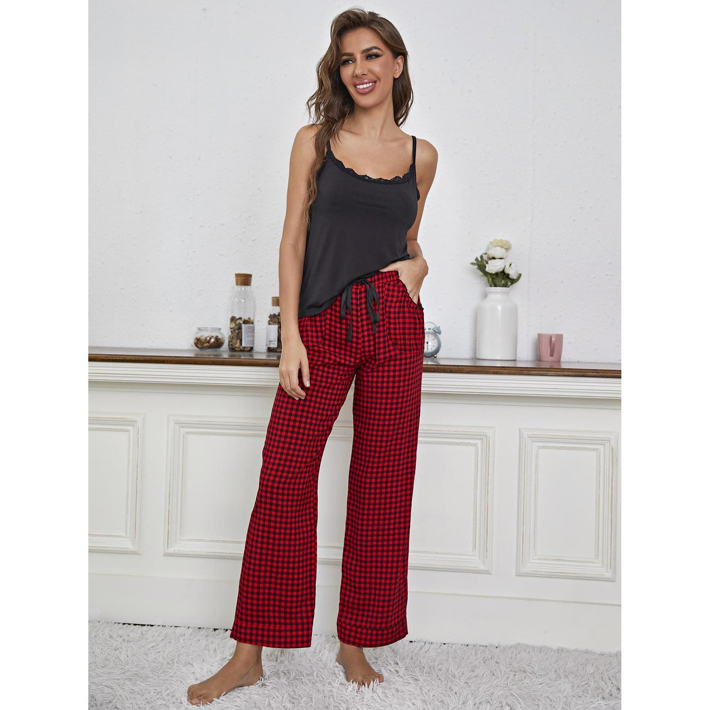 Home Wear Sling Pajamas Women Spring Summer Lace Up Thin Straight Pants Homewear Suits