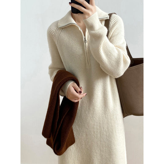 Zipper Long Sleeve Knitted Dress Winter Base Ride Mid Length Sweater Dress