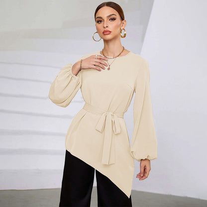 Women Clothing Irregular Asymmetric Early Autumn Top Cinched Long Sleeve Women Shirt